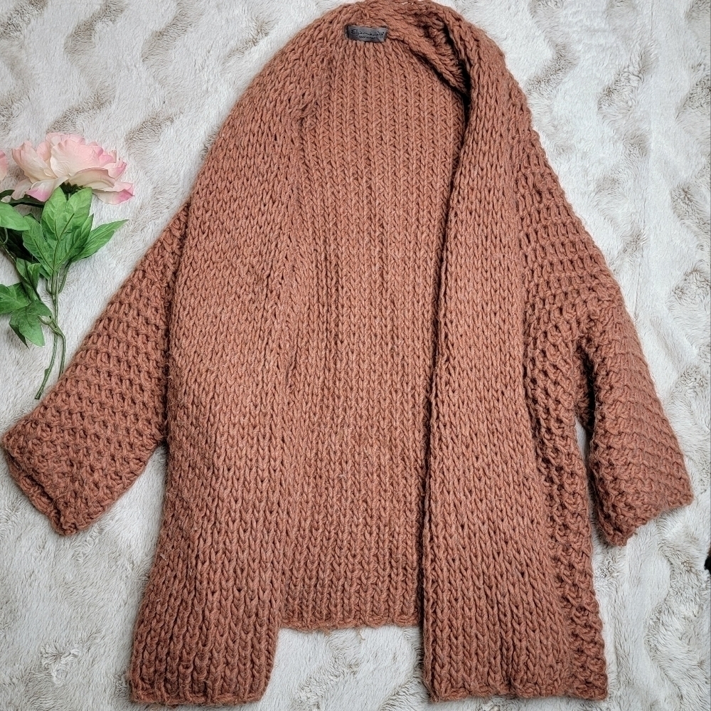 Elsamanda Alpaca Wool Blend Clay Red Crochet Knit Oversized‎ Cardigan